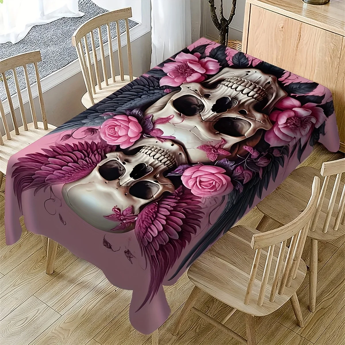 JIT-1pc Romantic Atmosphere Flower Skull Pattern Tablecloth for Restaurant Kitchen, for a Unique Halloween Festivalzyc