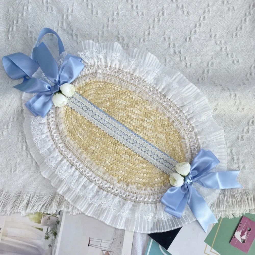 French Rural style Lolita Straw Hat Ruffle Lace Ribbon Bow Beach Hat Hair Accessories With Strap Ribbon Flower Girl Sun Hat
