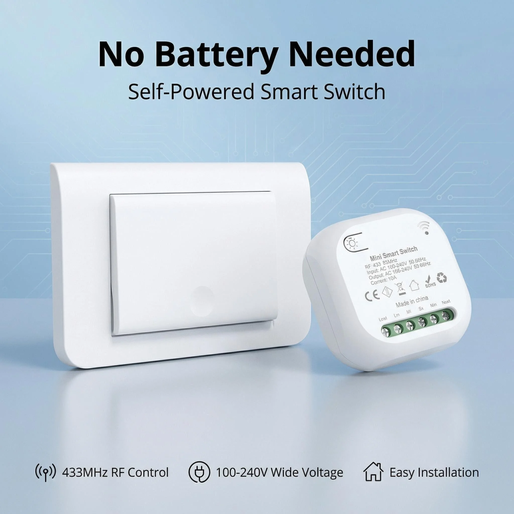 

Tuya Smart Wireless Self Powered Kinetic Light Switch RF433 Light Wall Switch Piezo Electric 110v-250v 10A 50-80HZ