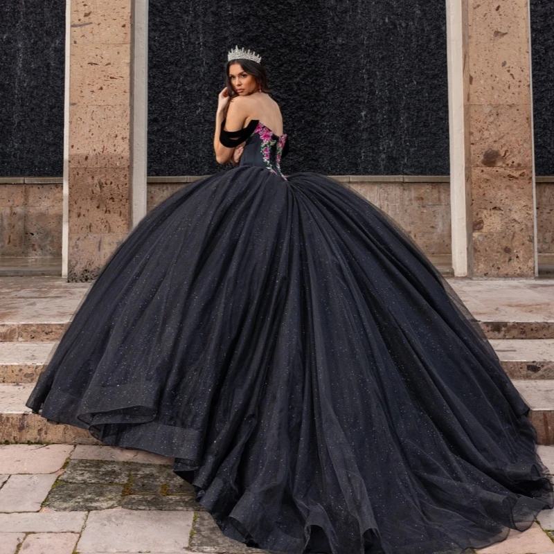 Black Shiny Quinceanera Dresses Ball Gown Off The Shoulder Applique Lace Beads Tull Party Birthday Sweet 16 Dres Vestidos 15