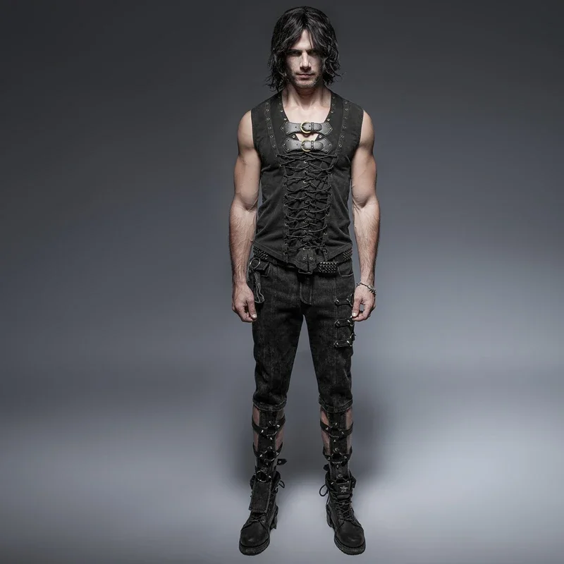 PUNK RAVE Black Punk Rock Cotton Leather Belt Sleeveless Man Tank Tops Steampunk  Casual Vest Goth Tanks  Body