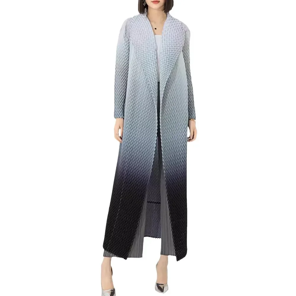 Miyake Pleated Gradient Color Windbreaker Jacket for Women 2024 Spring New Fashion Large Lapel Cardigan Long Outer Cover