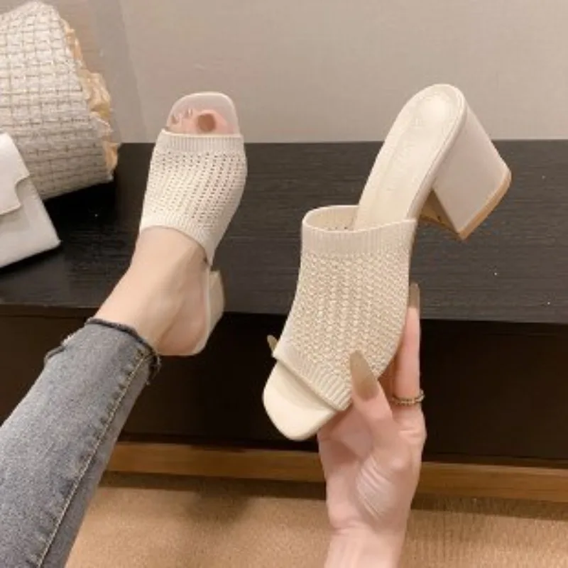 

Women Slippers 2024 New Summer Triangle Thick Heel Sexy Square Toe Dress Party Shoes High Heels Knitting Casual Pumps Size 35-42
