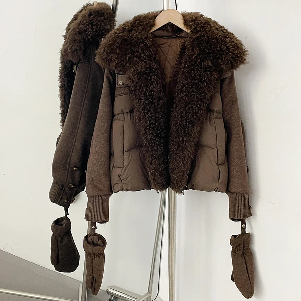 OFTBUY Luxuriöse Abnehmbare Handschuhe Natürlicher Pelz Entendaunen-Mantel Großer Echter Lammwoll-Pelzkragen Daunenjacke Damen Neue Winterkleidung – Detail 6