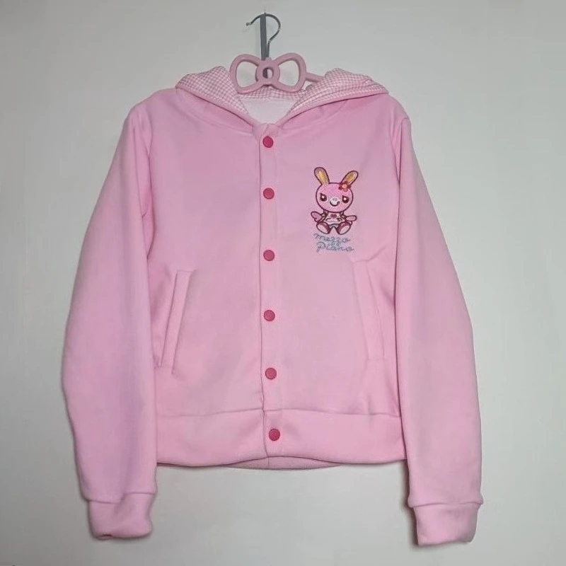 Cappotti con cappuccio con orecchie da coniglio stile Lolita giapponese Kawaii Giacca con bottoni ricamati dolce cartone animato Y2k Top da donna con tasca grunge estetica
