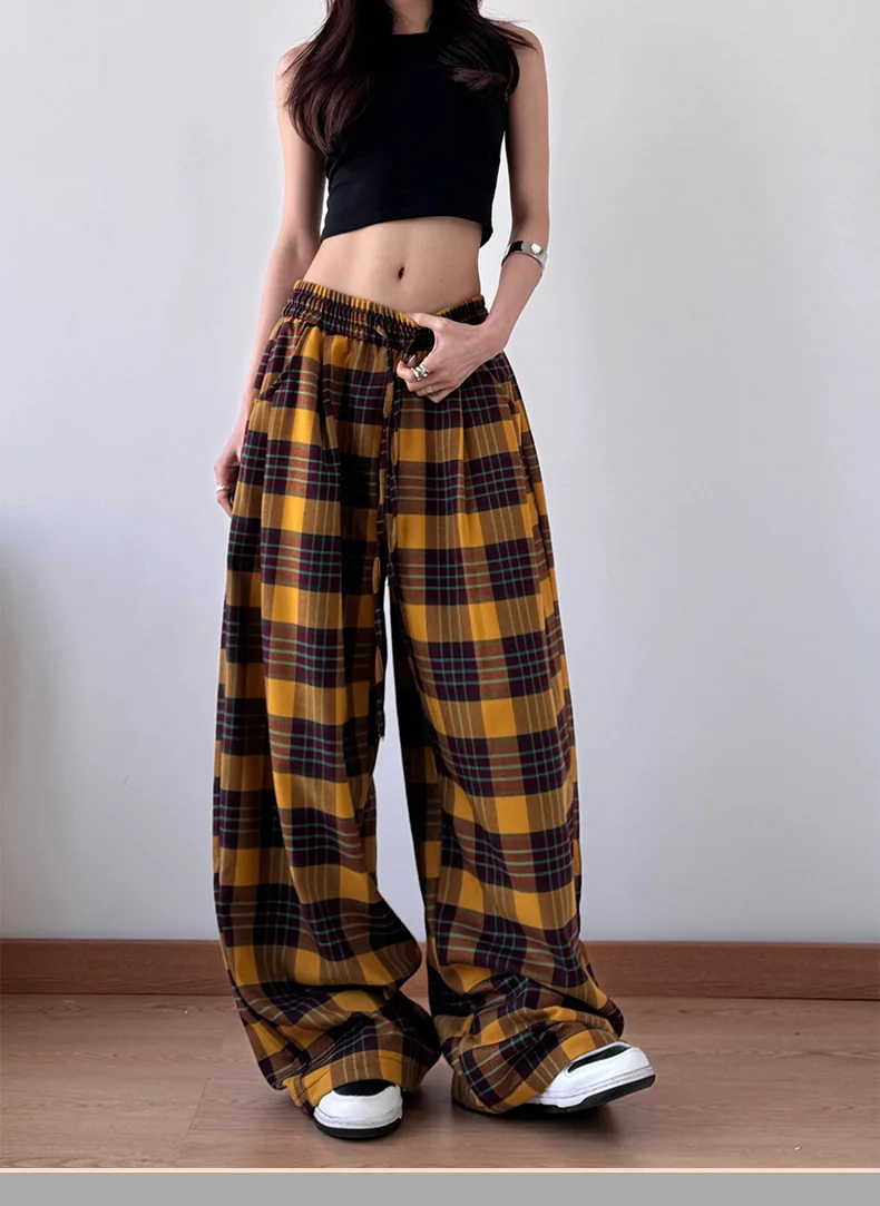 سراويل منقوشة كلاسيكية أمريكية للنساء ربيعية صفراء منقوشة فضفاضة مستقيمة غير رسمية سراويل أرضية واسعة الساق متعددة الاستخدامات