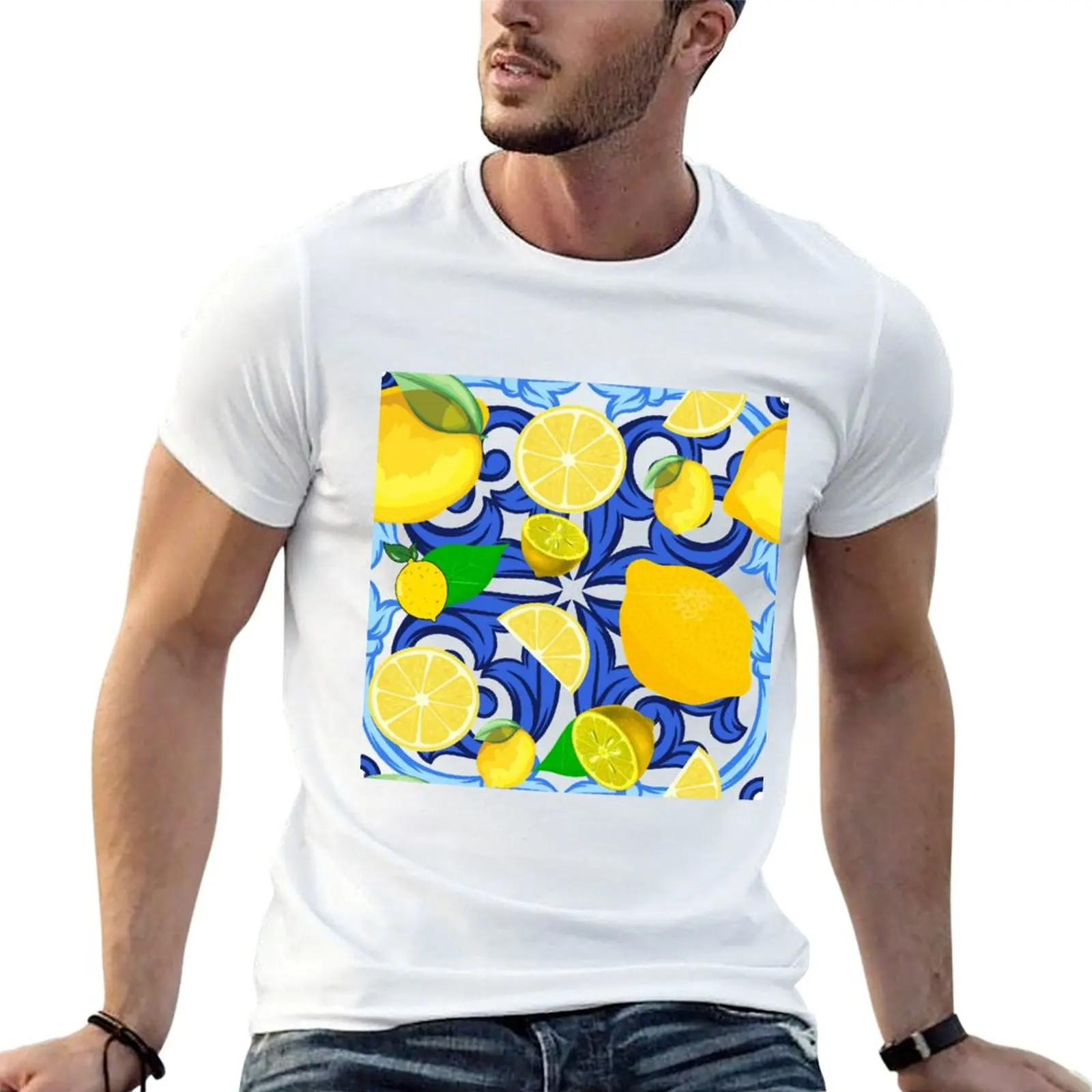 

And cotton Blue Lemon Tile shirts T-Shirt Top Of t 100% man t On Italian White man shirt luxury Style
