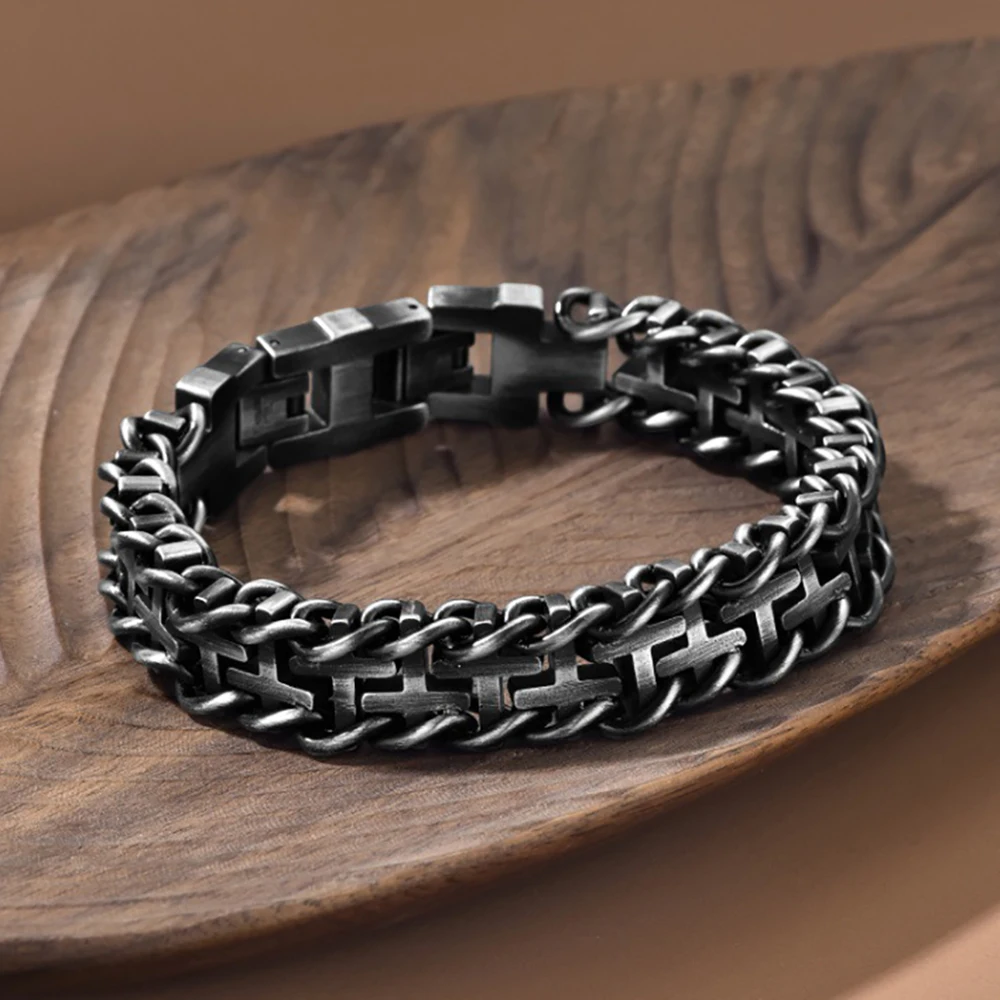 Men's Vintage Stainless Steel Bracelet Thick Double Row Cross Chain Biker Wristband Heavy Duty Punk Titanium Steel Jewelry Gift