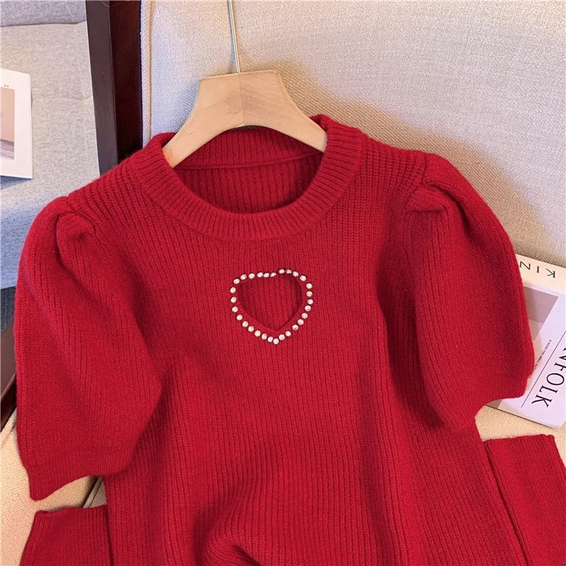 Women's Christmas Red Knit Pullover Autumn Sweater Removable Sleeves Luxury Cashmere Sweater Vintage Knitwear Y2k 2000s Clothes