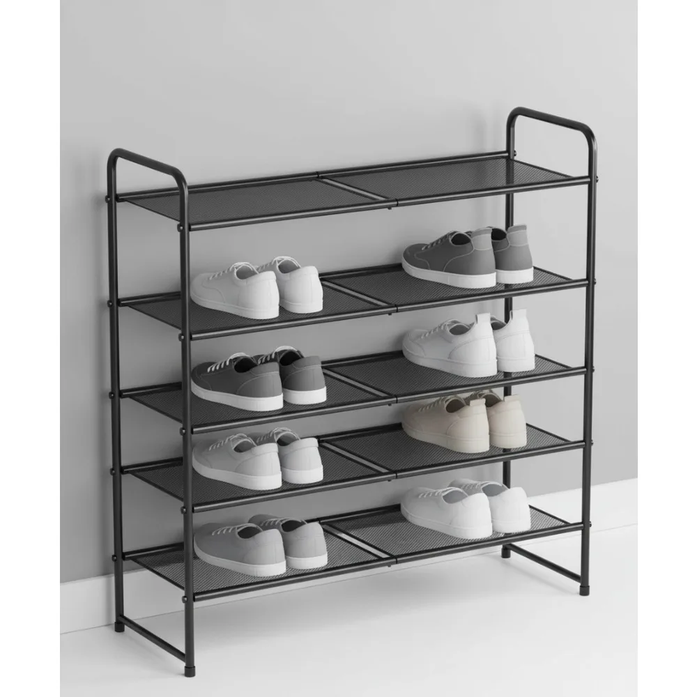 رف أحذية مكون من 5 طبقات، مساحة تخزين واسعة مقاس 33 بوصة لـ 24-30 زوجًا، منظم شبكي فولاذي لخزانة المدخل، أسود صناعي #1