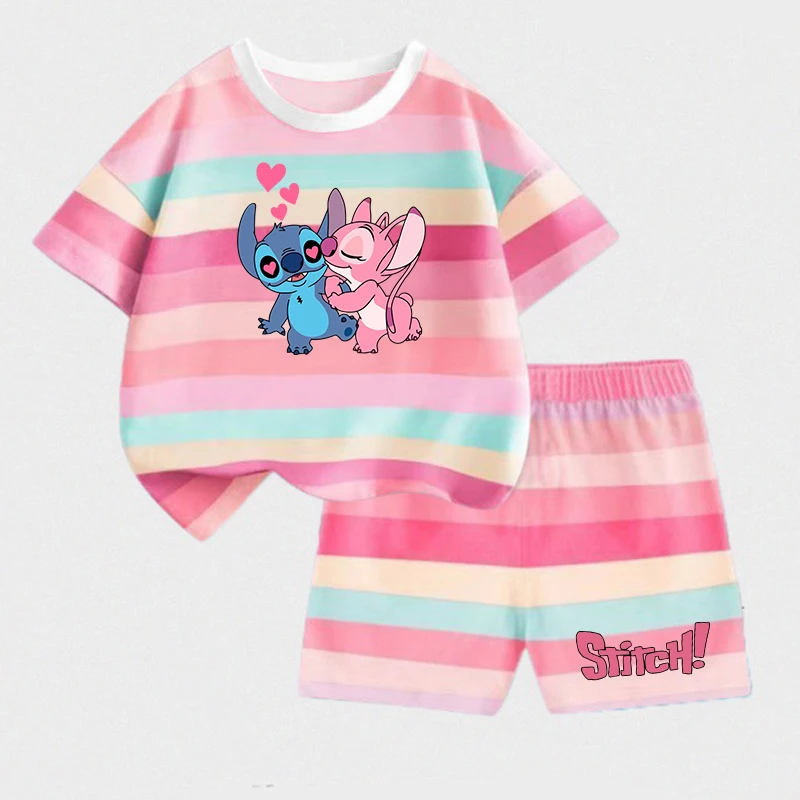 

Disney Stitch Child Short Sleeve T-shirt Set Girls Kawaii Print Two Piece Suit Cartoon Summer Casual Clothing Kids Birthday Gift