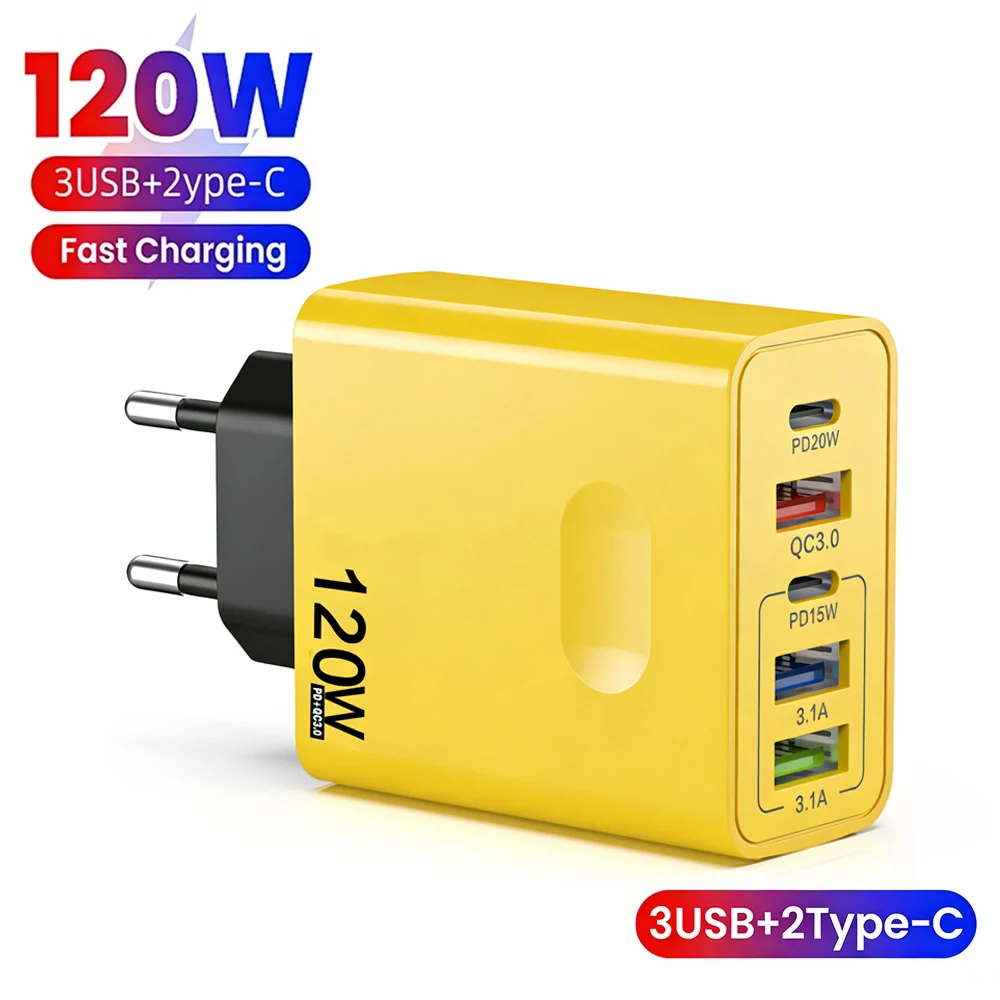 USB 120W Charger PD Fast Charging Mobile Phone Power Adapter EU/US/UK Plug For iPhone Samsung Xiaomi Quick Charge Wall Charger