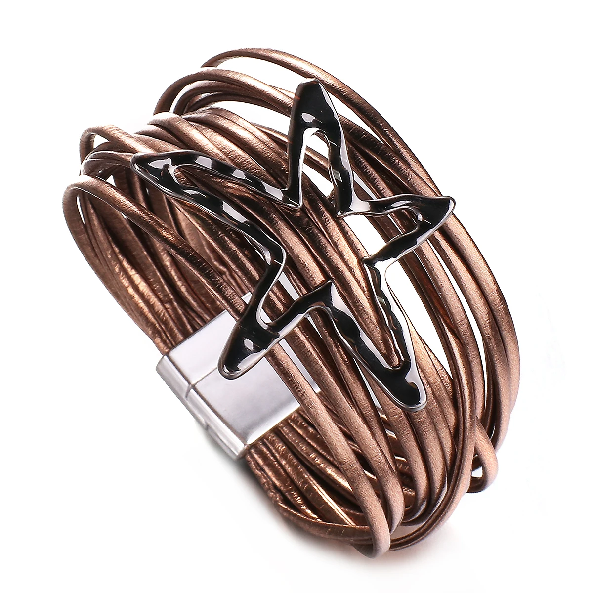 ALLYES Vintage Big Hollow Star Leather Bracelet for Women Men Bohemian Multilayer Wrap Wide Bangle Bracelets Charm Jewelry