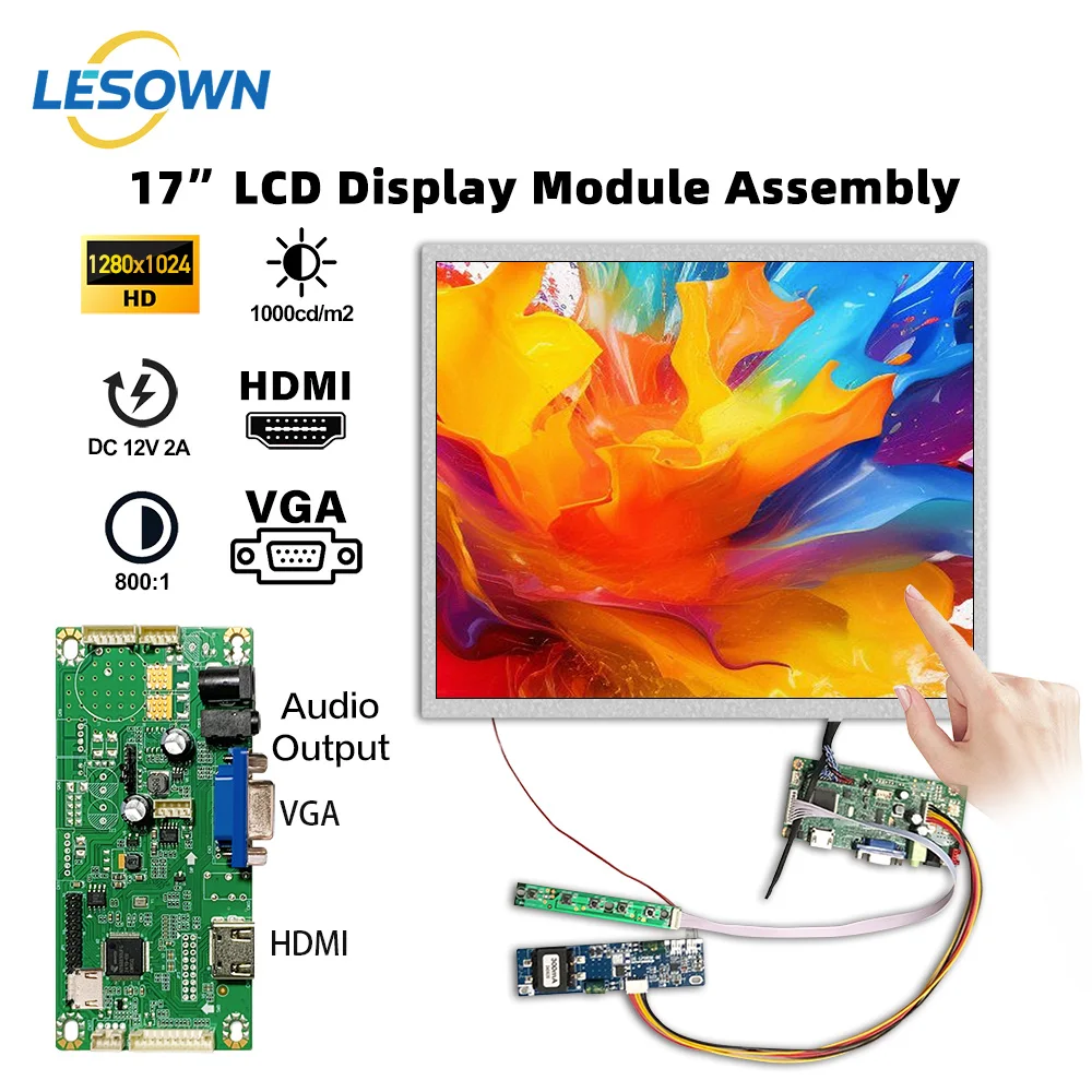 LESOWN 17 Inch 1280x1024 LCD Screen 1000cd/m2 HDMI VGA Display Module Extended Panal Edge Monitor for PC TV CCTV DIY Projects