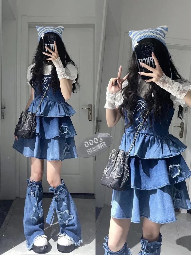 Hikigawa Chic Fashion Lace Women Blouse+Bandage Pleated Denim Dresses+All Match Star Leg Warmer Sweet Cool Y2k 3 Sets Ropa Mujer