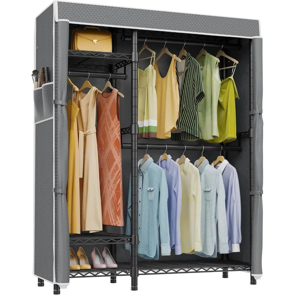 Heavy Duty Clothes Rack with Upgraded Polyester Cover, Metal Portable Closet with Adjustable Shelves & Hanging Rods, Freestandin