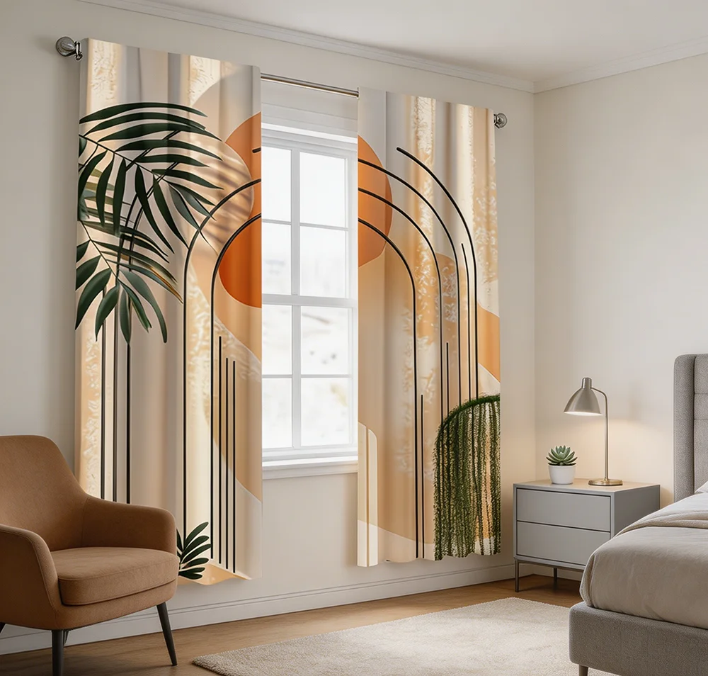 2PCS Digital Printed Curtains, Arched Leafy Plants Pattern, Beautiful Window Drapes for Living Room Bedroom Home Decor