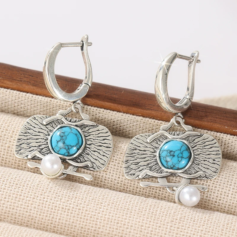 Ethnische Silberfarbene Imitierte Türkis-Ohrhänger Geometrische Damen-Ohrringe für Party und Alltag Schmuck-Accessoires