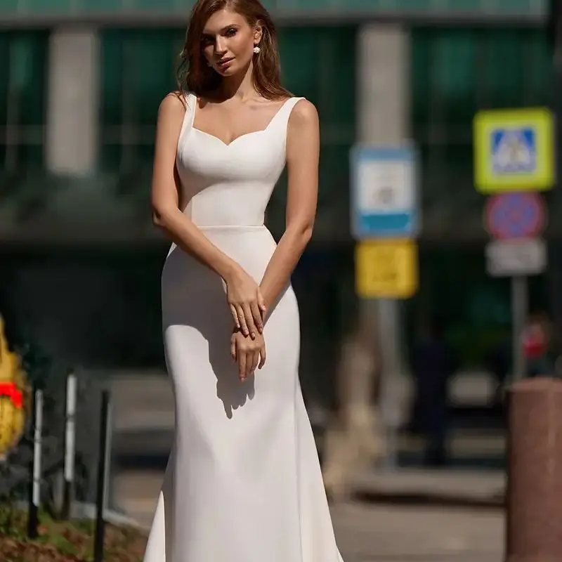 Vestido De novia De corte en A con tirantes finos, vestido De novia De sirena De satén suave, personalizado a las medidas, color marfil, elegante