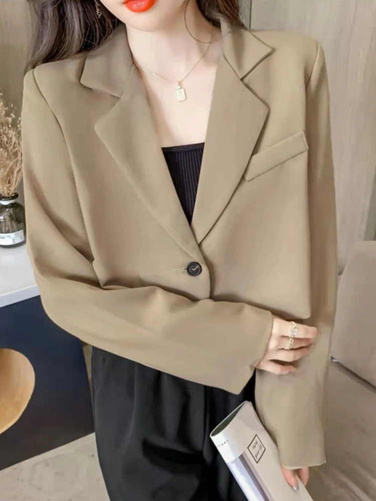 Jmprs Fashion Single Button Women Cropped Blazer Korean Long Sleeve Elegant Suit Jacket Office Ladies Female Khaki Coat