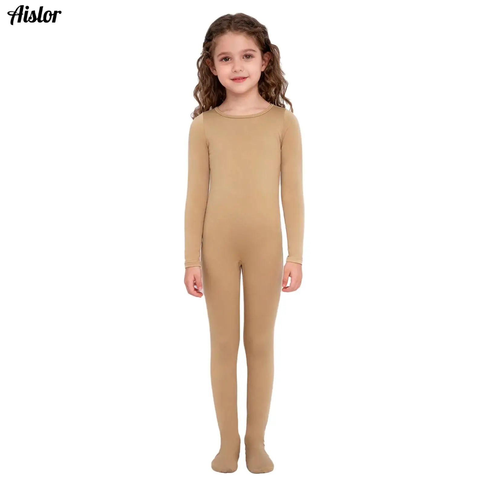 

Kids Girls Ballet Dance Gymnastics Figure Skating Jumpsuit Round Neck Long Sleeve Footed Bodysuit for Practice Warm-Up Training