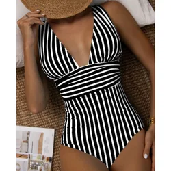 Summer Sexy Striped One Piece Swimsuit Closed Female Swimwear Push Up Body Women's Swim Wear Bathing Suit Beach Pool Bather 2024