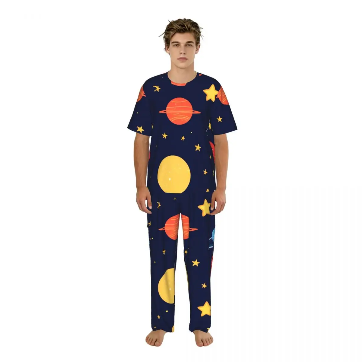 Men's Pajamas Set Summer Short-Sleeve Tops + Long Pants Nightwear Home Wear Suits Planets And Stars Cute Print Sleepwear