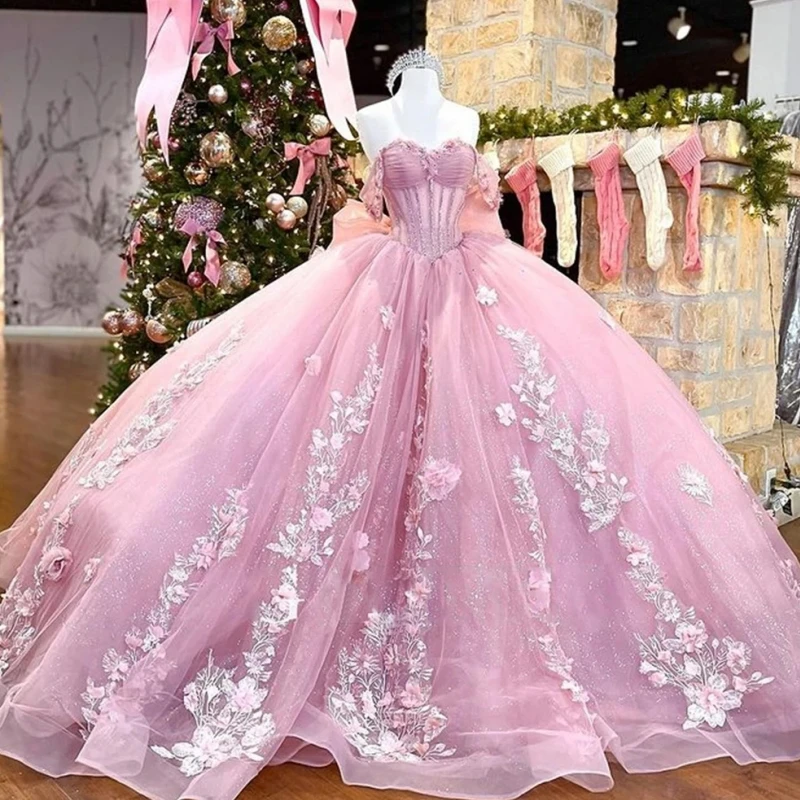 Real Picture Pink 15 Quinceanera Dresses Flower Sweet 16 14 Prom Gown Off Shoulder Evening Dresses Puffy Birthday Party Dress