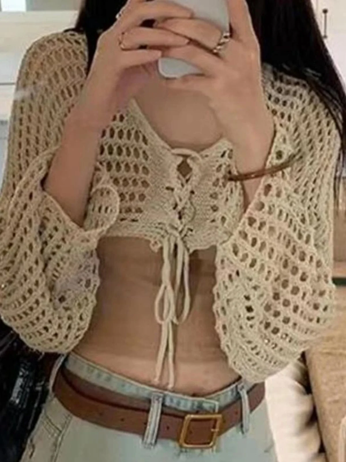 

Sexy Hollow Lace up Slim Knit Sweater Street Style V-Neck Long Sleeve Ultra-Short Length Color Knitted Top for Women