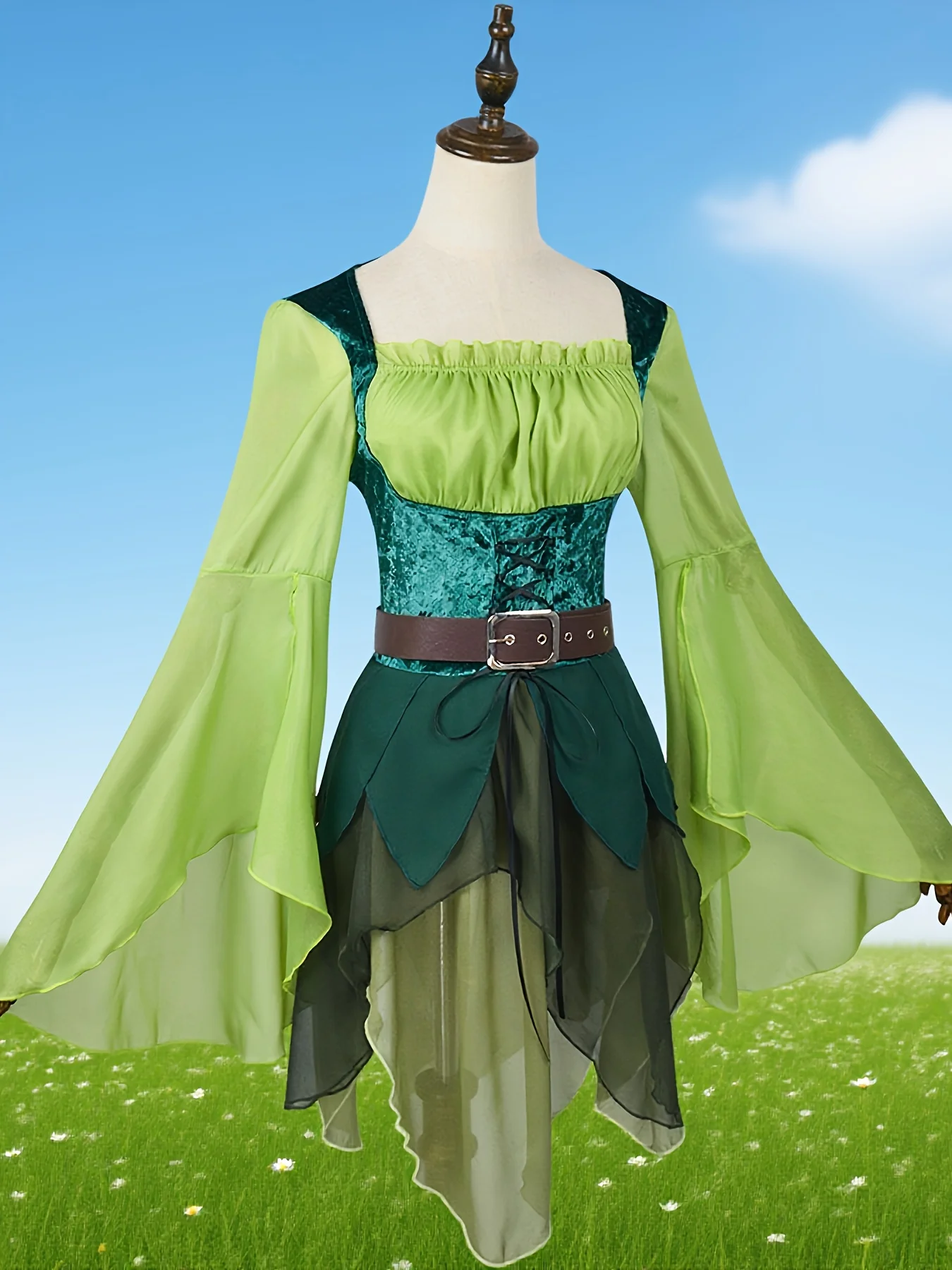 

Женское эльф, средневековое зеленое волшебное эльфское платье для косплея с крыльями, ролевой костюм на Хэллоуин