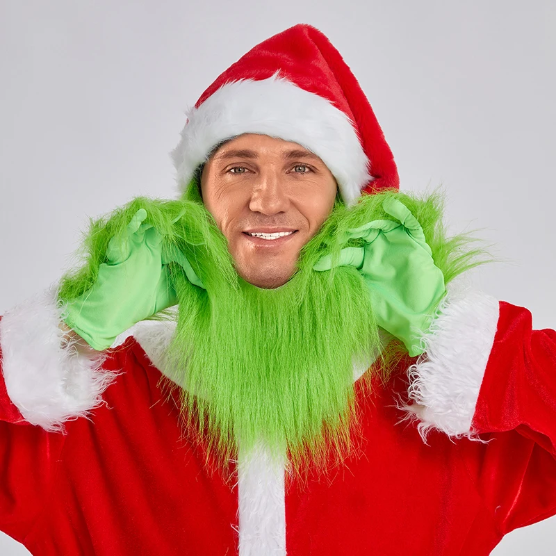Combhasaki クリスマス グリーン ファーリー モンスター コスチューム 面白いサンタ手袋 + サンタ帽子 コスプレ アクセサリー パーティー用品 大人用