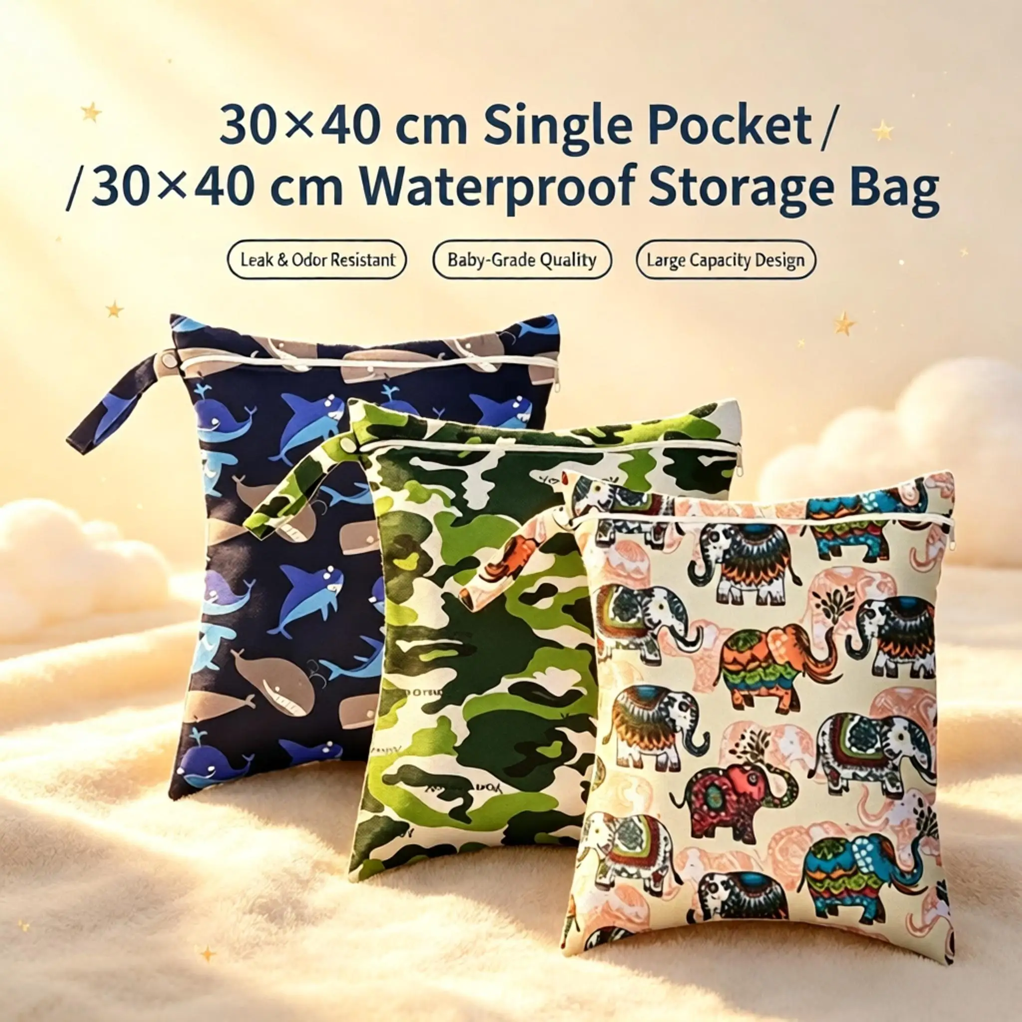30x40cm Single Pocket Waterproof Wet Bag Snap Button Handle Zipper Printed Portable Storage Bag For Baby Diaper Gym Travel