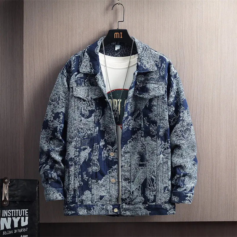 

Retro American Waed Denim Jaet Men's Autumn Flip Collar Faionable Embroidery Haome High Street irt M Outerwear
