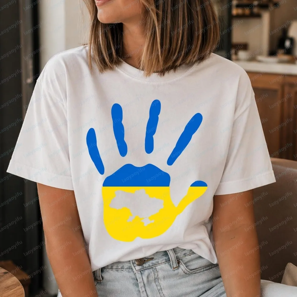 Ukraine Flag Handprint Minimalist Graphic Printed T Shirt Casual Fashion Loose Harajuku Hip Hop Punk Man Women Streetwear