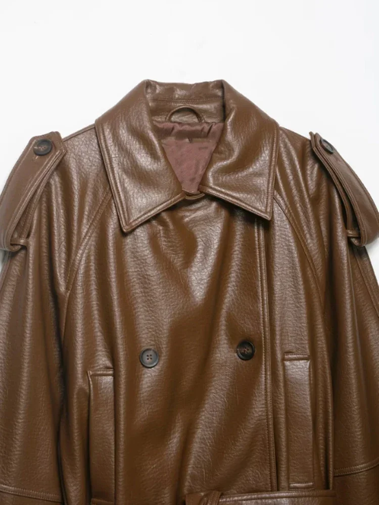 

Women Solid Belt Leather Short Jacket Elegant Lapel Single Breasted Full Sleeve Coat 2026 New Lady Spring Daily Street Outerwear