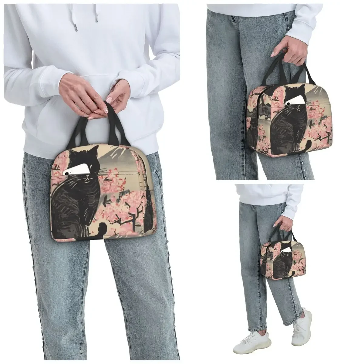 Sakura Mount Fuji And Cat Insulated Lunch Bag for Women Office Cooler Thermal Food Box Tote Leakproof Lunch Boxes Container