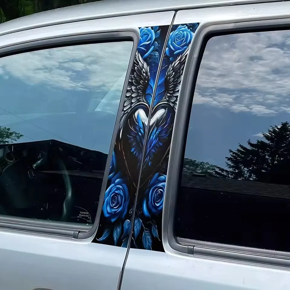 

Two-piece blue rose-loving car sticker, easy to paste and remove, designed for B-pillar protection