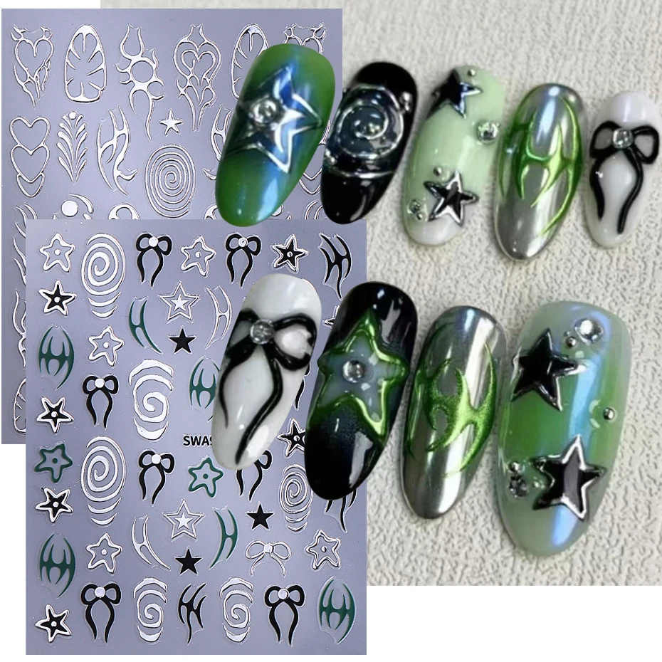 2枚入り メタリックシルバーライン ネイルアートステッカー 3D炎ライン リボン スワール スター Y2K タットン スライダー デカール DIY ホログラフィック マニキュア デコレーション