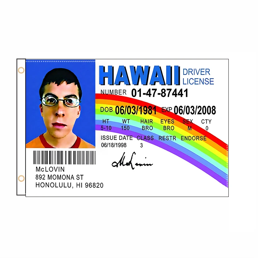 Design grátis bandeira McLovin identificação de licença de motorista falsa personalizada em qualquer tamanho bandeira engraçada 2 pés * 3 pés 3 pés * 5 pés QZ-336