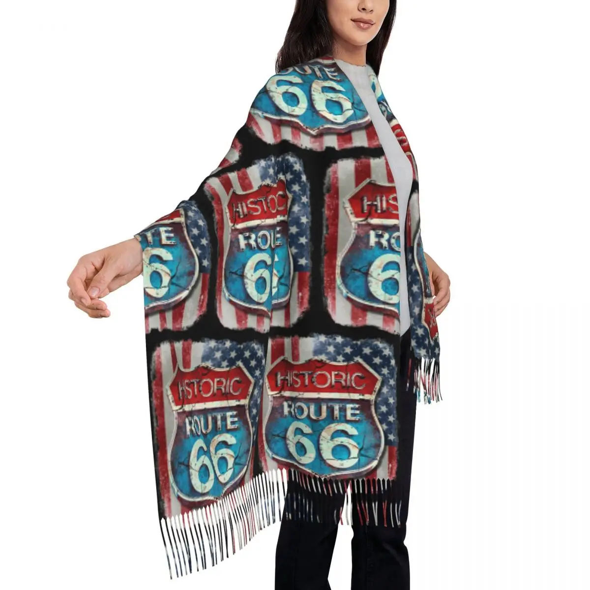 Get Your Kicks On Route 66 Sign With The American Flag Scarf Tassel Scarves Women Soft Warm Shawls and Wraps Winter Shawl Wrap image 3