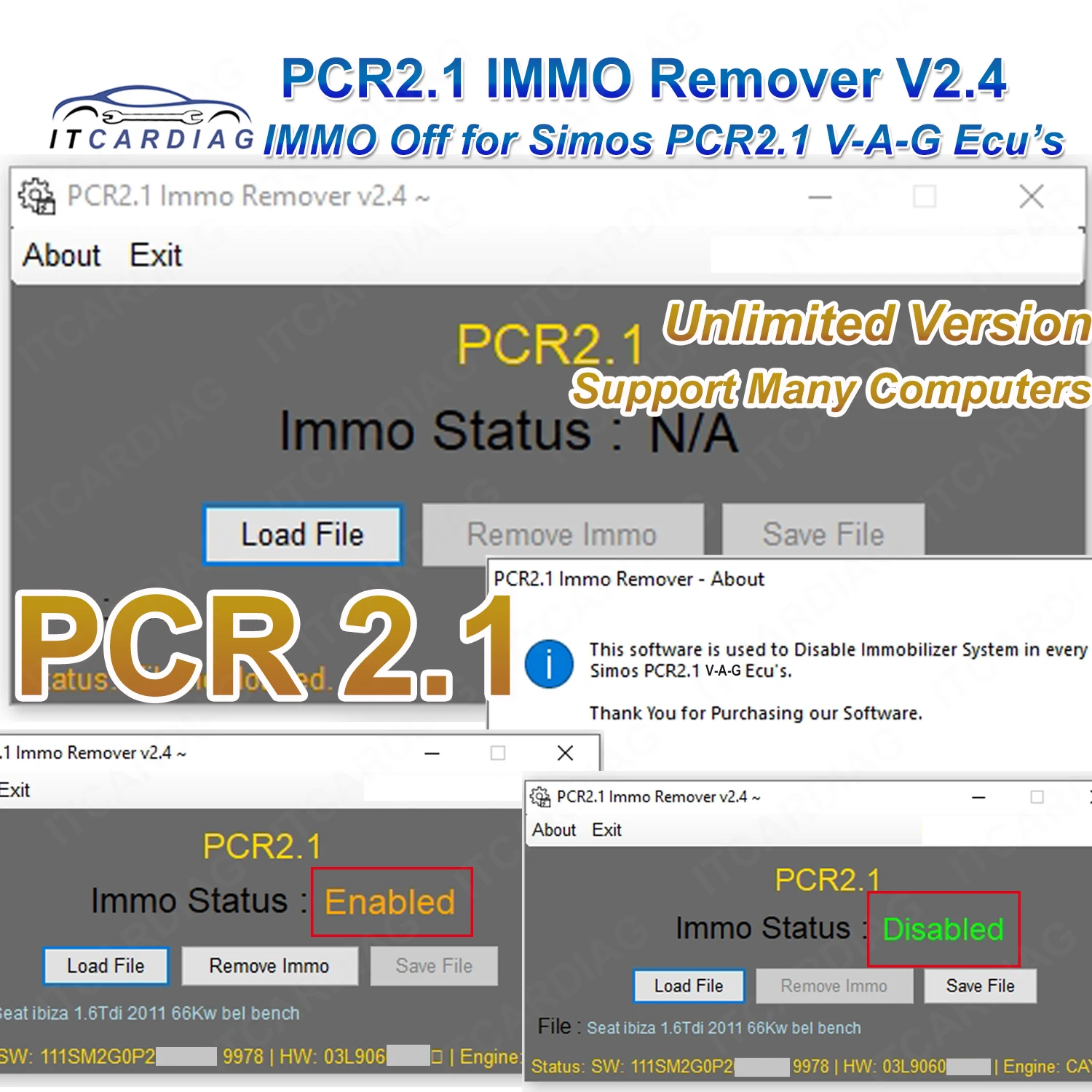 PCR2.1 Immo Remover Software PCR 2.1 Unlimited Verison IMMO OFF Fix SIMOS for VAG ECU No Checksum Correction Algorithm SOFTWARE