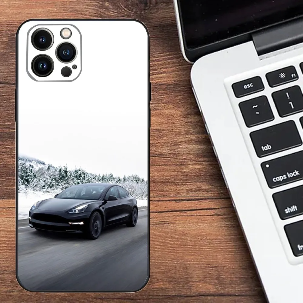 Car Phone Case For iPhone 16,15,14,13,12,11,Plus,Pro Max,XS,X,XR,SE,Mini,8,7 Soft New energy electric T-Teslaes Silicone Black