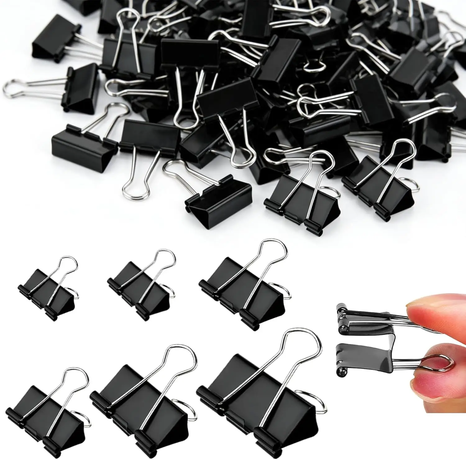 

300 Pcs Binder Clips Assorted Sizes, 6 Sizes Jumbo to Micro, Metal Paper Clamps, Bulk Black Office Supplies for Teachers