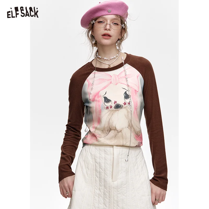 ELFSACK 2024 Winter New Arrivals Rabbit print y2k raglan long sleeve short T-shirt for women