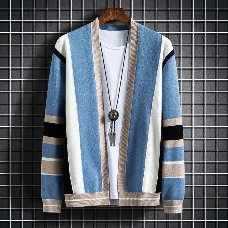 Knit Sweater Male Coat Cardigan Men's Clothing Jacket Striped V Neck Blue Large Big Size Warm Casual Winter 2024 Y2k Vintage A X