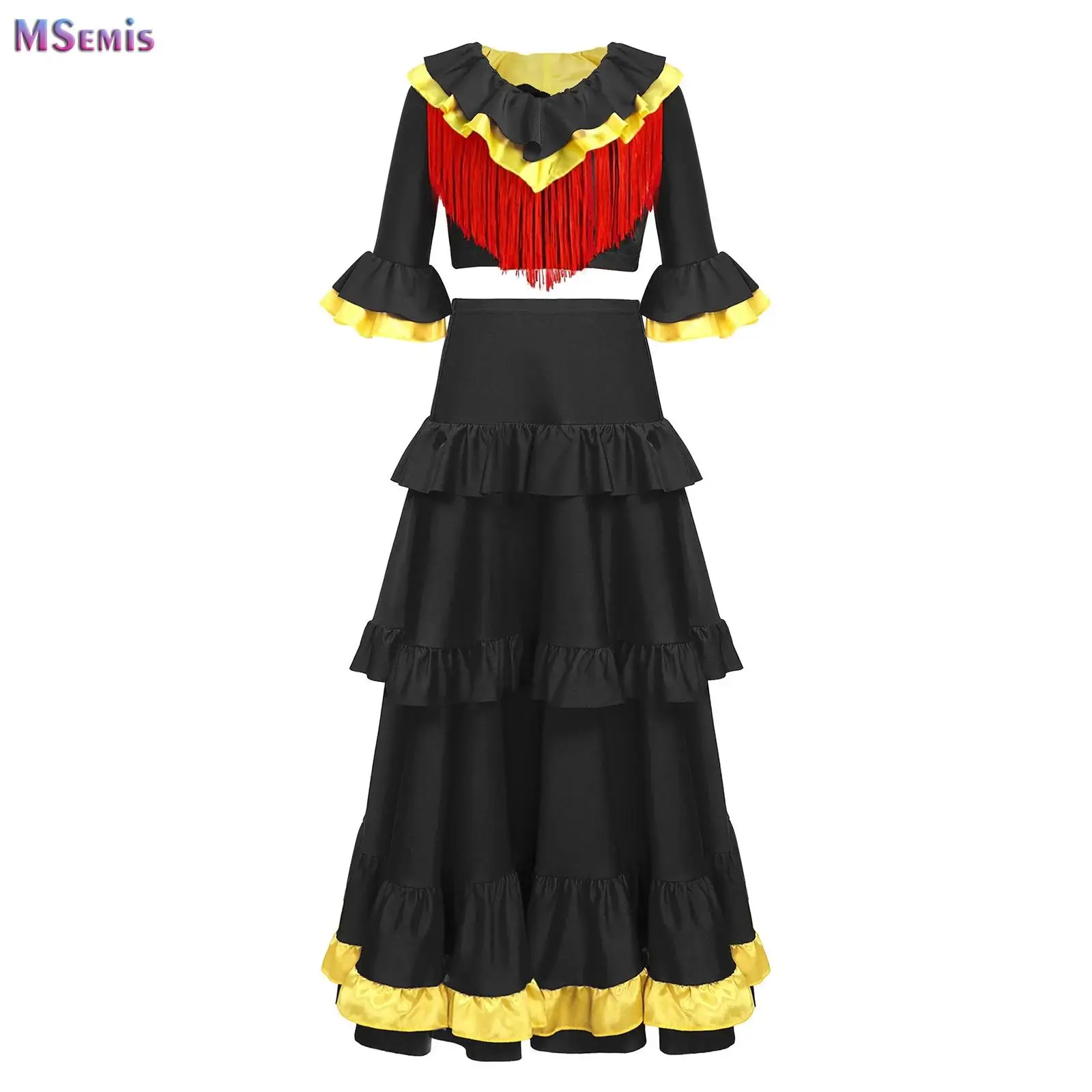 

Children Flamenco Dance Outfit Half Sleeves Tassel Crop Top+Ruffles Skirt Belly Dancing Long Dress Girl Bullfight Performance