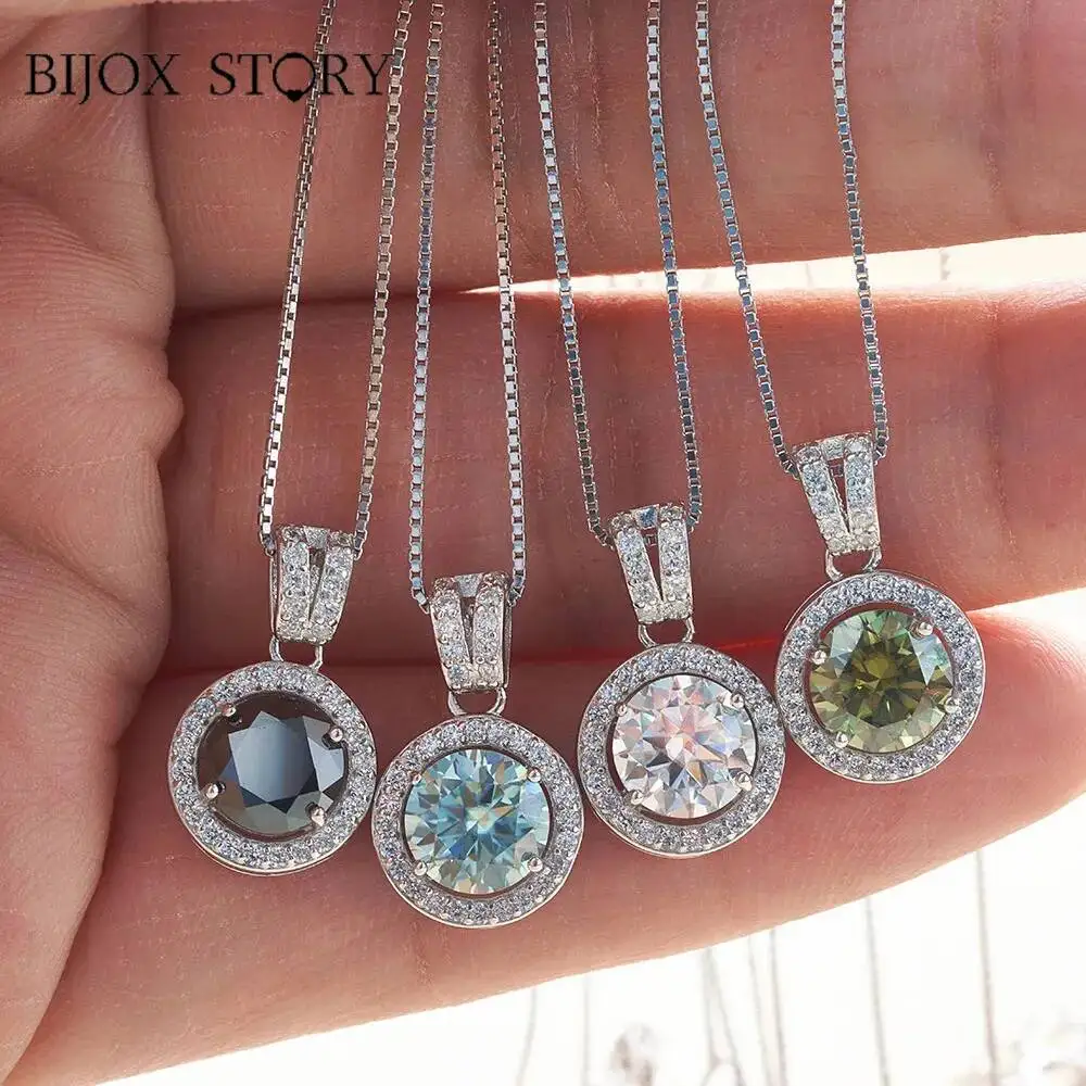 S925 Sterling Silver Moissanite Necklace For Women With 1 Carat Round Shape Blue Green Color Female Silver Dating Gift
