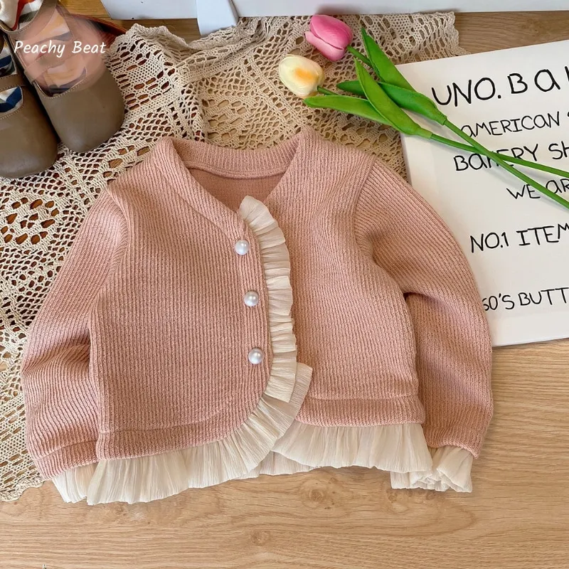 Fashion Baby Girl Princess Lace Cardigans Infant Toddler Child Ruffled Pearl Buttons Casual Coat Spring Autumn Baby Clothes 1-7Y