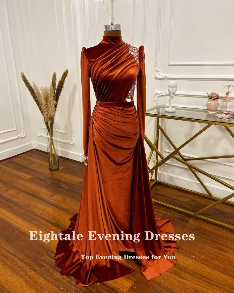 Eightale Muslim Arabic Evening Dresses High Neck Burnt Orange Beaded Long Sleeves Customized Mermaid Prom Party Gowns Velvet