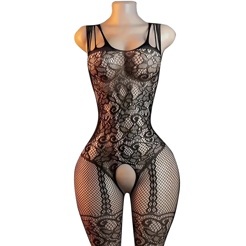 Erotic Crotchless Sex Lingerie Women Full Body Stockings Fishnet Sexy Socks Floral Sheer Pantyhose Translucent Mesh Long Tights
